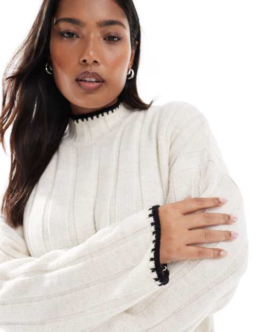 ONLY Curve - Vestito corto bianco in maglia con cuciture a contrasto, 2 di 4