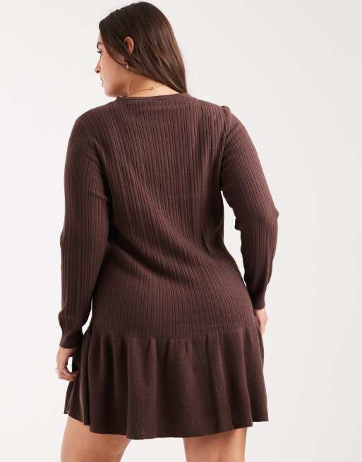 ONLY Curve - Vestito corto in maglia con vita scesa marrone cioccolato, 3 di 4
