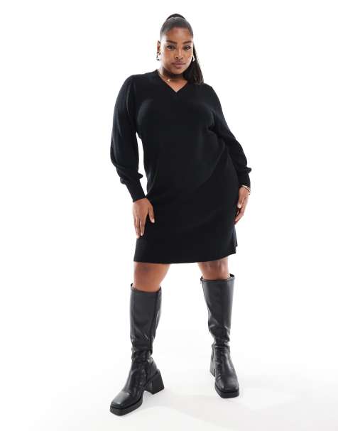 ONLY Curve - Vestito corto in maglia nero con scollo a V - view 1