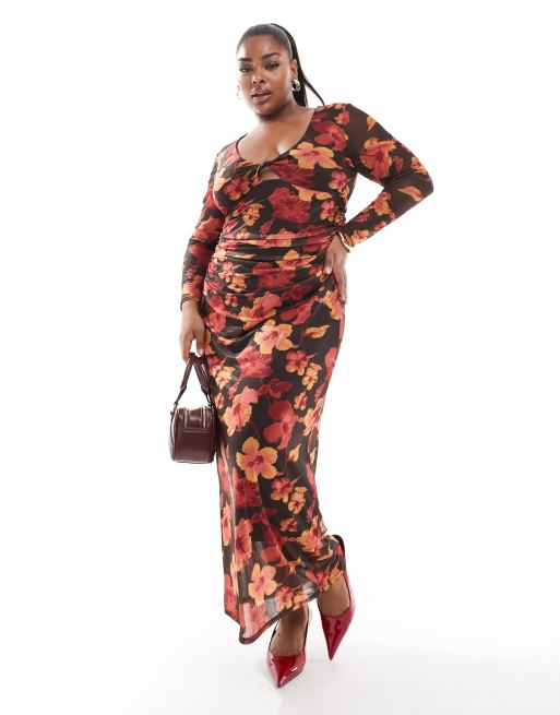 ONLY Curve - Vestito lungo double-face marrone scuro a fiori