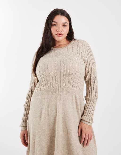 ONLY Curve - Vestito maglia lavorato a trecce color pietra, 3 di 4