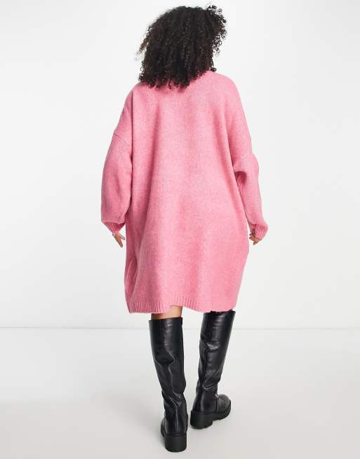 Only Curve - Vestito maglione corto oversize in maglia a trecce rosa , 2 di 4