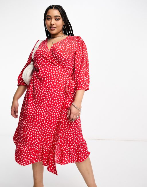 Only Curve - Vestito midi avvolgente rosso a fiori con maniche a sbuffo