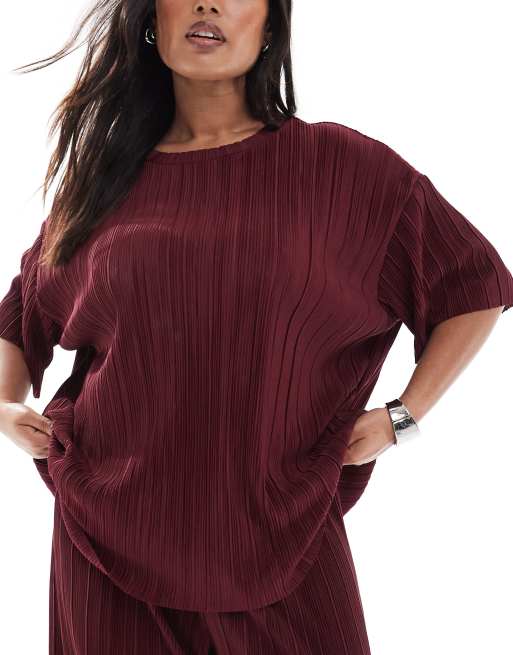 ONLY Curve – Vinröd, plisserad och boxig t-shirt, del av set, 4 av 4