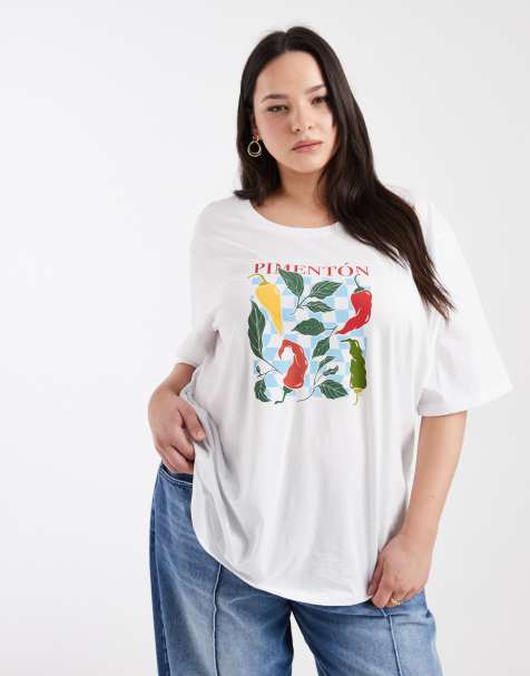 ONLY Curve – Vit t-shirt i oversize med chilitryck - view 1