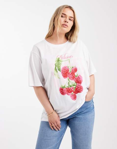 ONLY Curve – Vit t-shirt i oversize med hallontryck - view 1