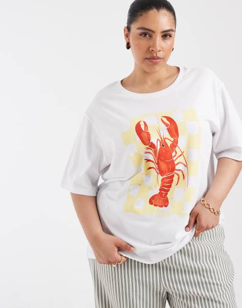 ONLY Curve – Vit t-shirt i oversize med hummertryck - view 1