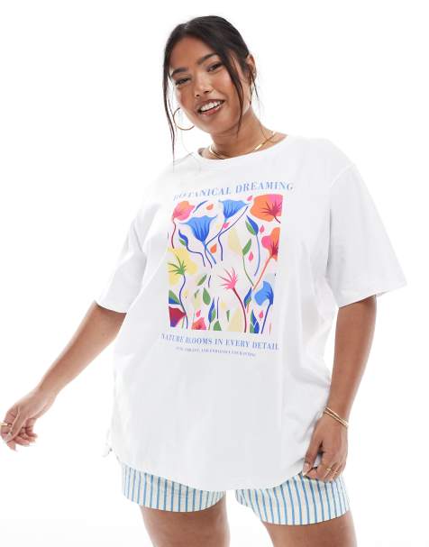 ONLY Curve – Vit t-shirt i oversize med växttryck - view 1