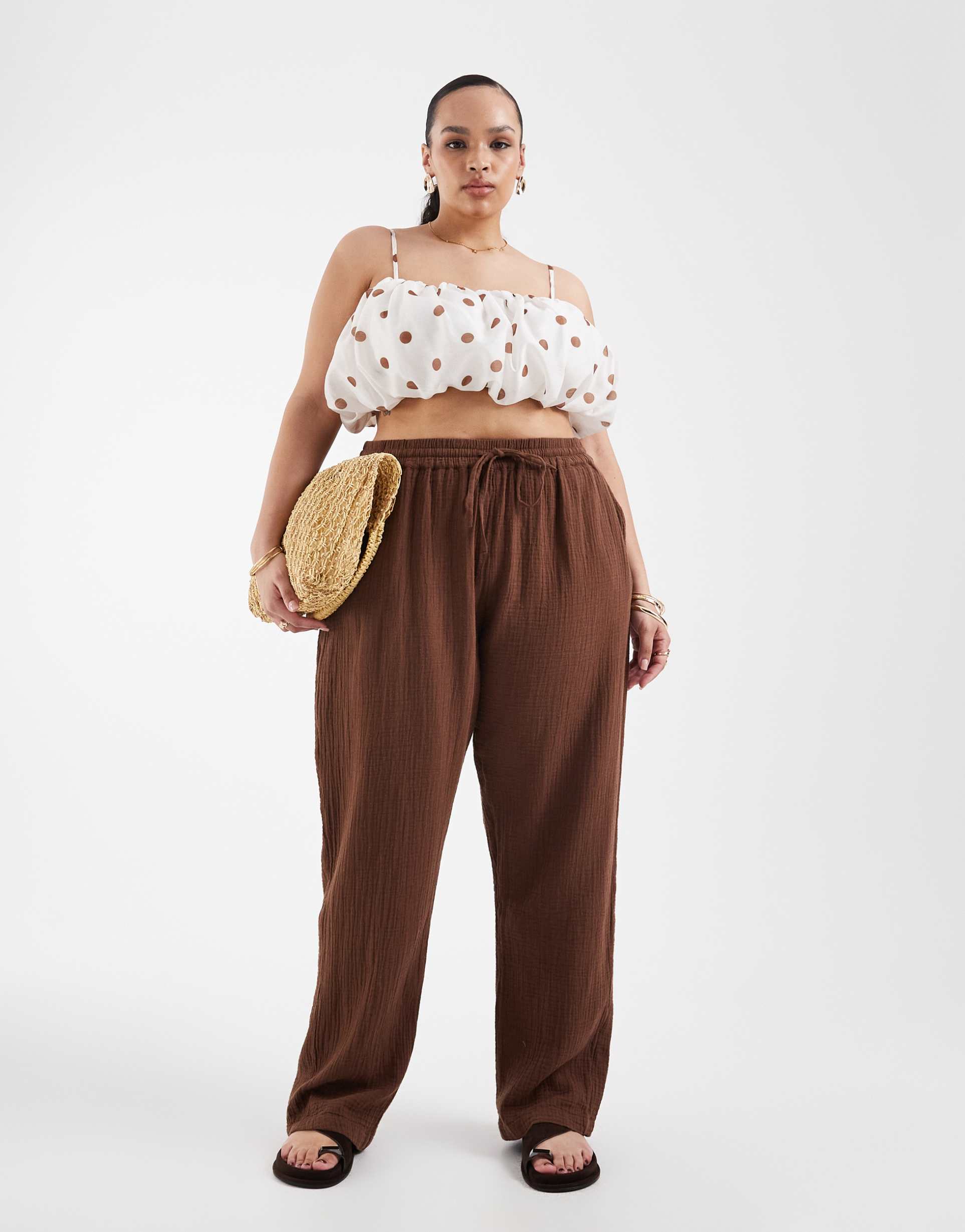 only curve wide leg cheesecloth pants in brown