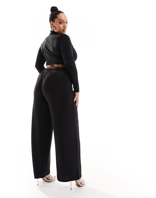 Plus Size Black Glitter Wide Leg Trousers