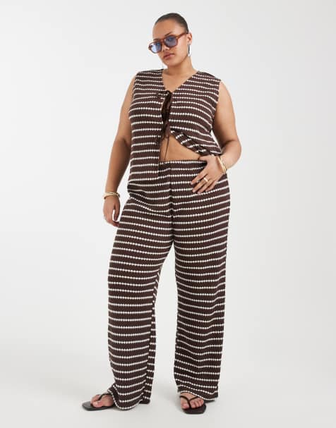 ONLY Curve wide leg pants in brown stripes - part of a set - view 1