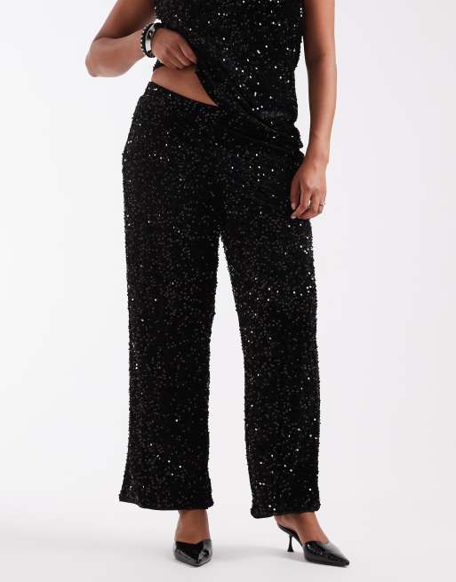 ONLY Curve wide leg pants set in black sequins, 2 of 5