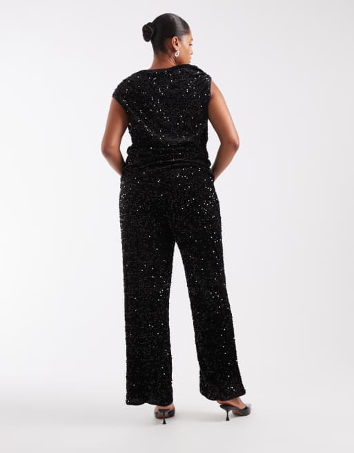 ONLY Curve wide leg pants set in black sequins, 4 of 5