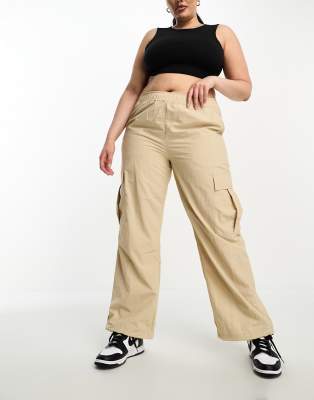 Only Curve wide leg parachute pants in beige