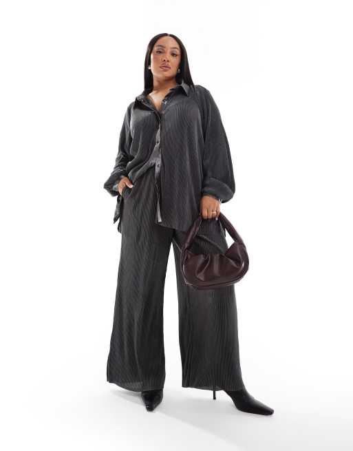 ONLY Curve wide leg plisse pants in gray - part of a set