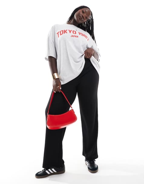 ONLY Curve wide leg ribbed trouser in black - view 1