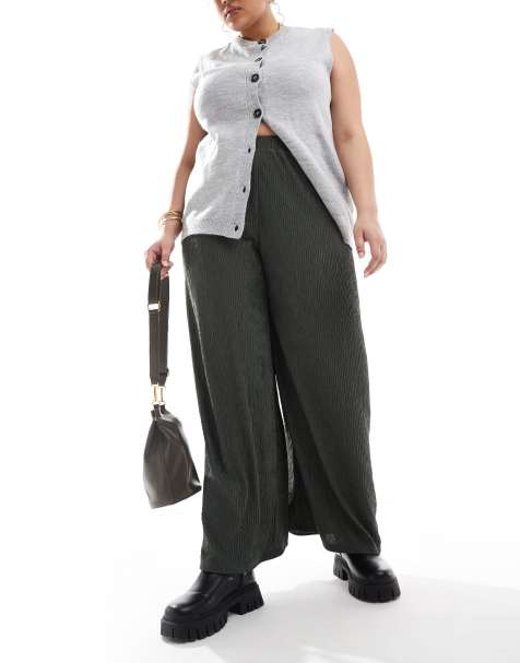 ONLY Curve wide leg textured trousers in dark green - view 1
