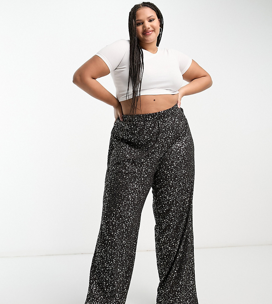 ONLY Curve wide leg trousers in black and gold