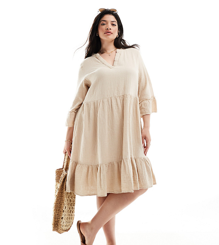 ONLY Curve woven tiered dress in beige-Neutral