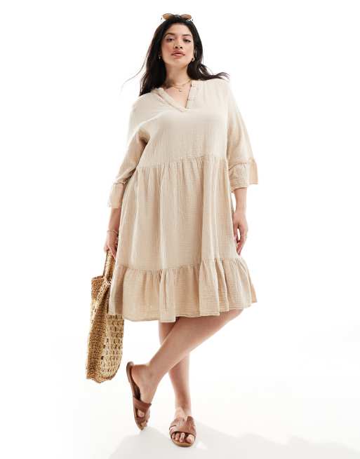 ONLY Curve woven tiered dress in beige ASOS