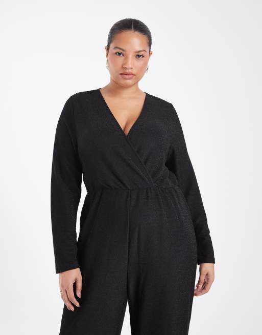 ONLY Curve wrap front wide leg glitter jumpsuit in black, 2 of 4