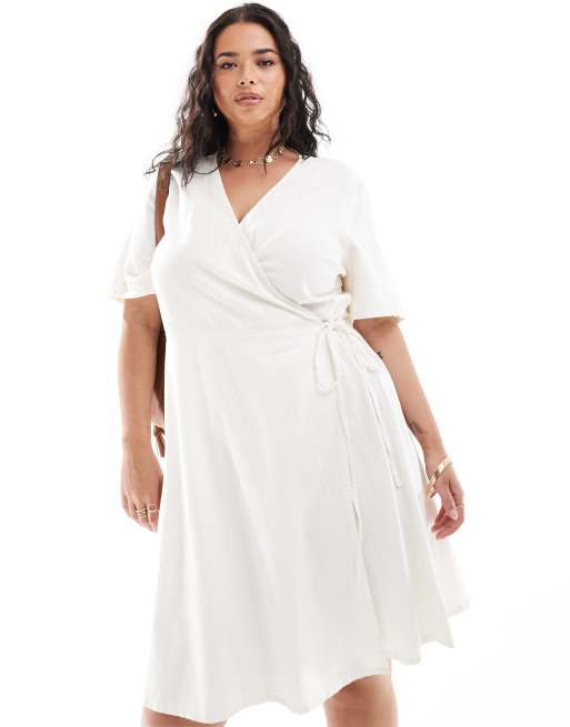 ONLY Curve wrap linen look mini dress in cream 