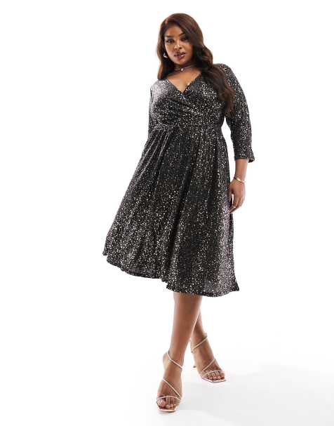 Only Curve wrap midi dress in black and gold - view 1