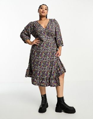 Only Curve Wrap Midi Dress In Black Floral-multi