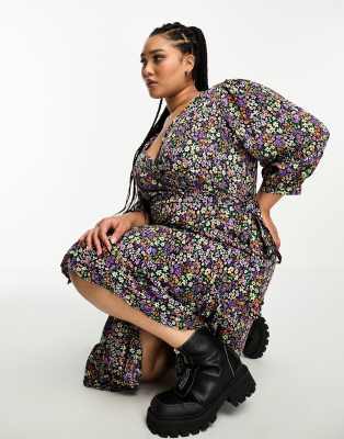 Only Curve wrap midi dress in black floral | ASOS