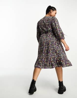 Only Curve wrap midi dress in black floral | ASOS