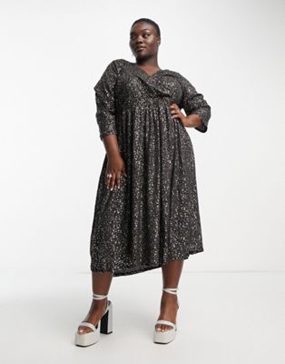 Only Curve Wrap Midi Dress In Black & Gold