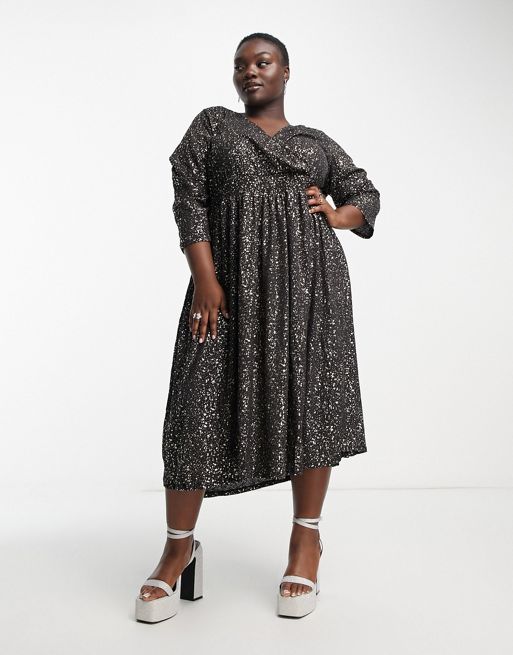 ONLY Curve wrap midi dress in black & gold | ASOS