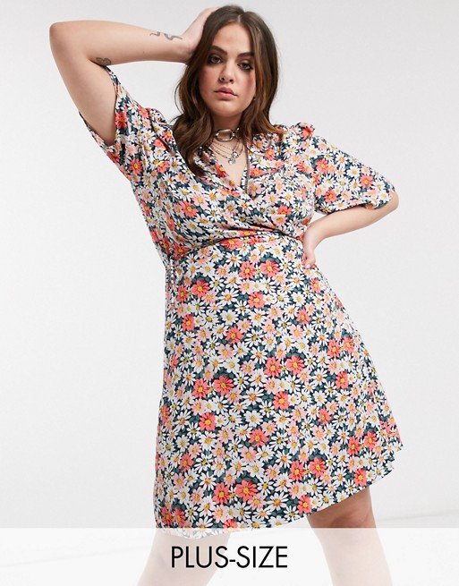 Only Curve wrap mini dress in mixed ditsy floral