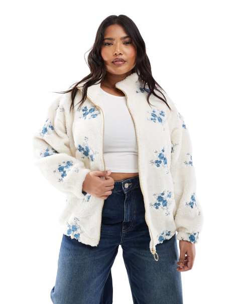 ONLY Curve zip through teddy embroidered jacket in cream - view 1