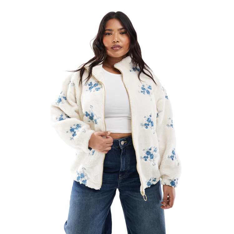 ONLY Curve zip up teddy embroidered jacket in cream | ASOS