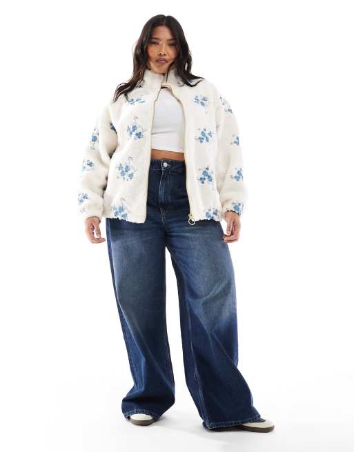 ONLY Curve zip up teddy embroidered jacket in cream | ASOS