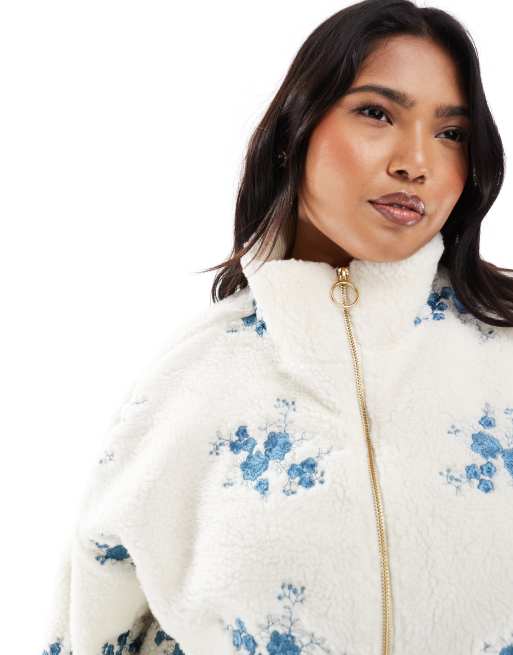 ONLY Curve zip up teddy embroidered jacket in cream | ASOS