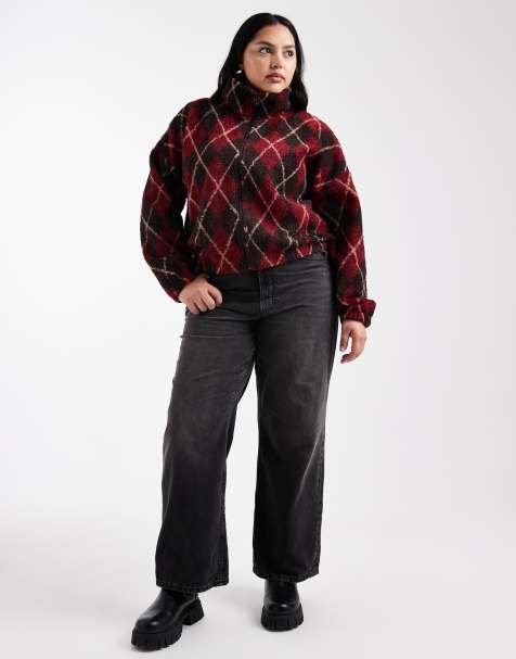 ONLY Curve zip up teddy fleece in burgundy plaid - view 1