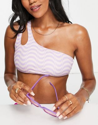 Only cut out one shoulder bikini top in lilac wavy print