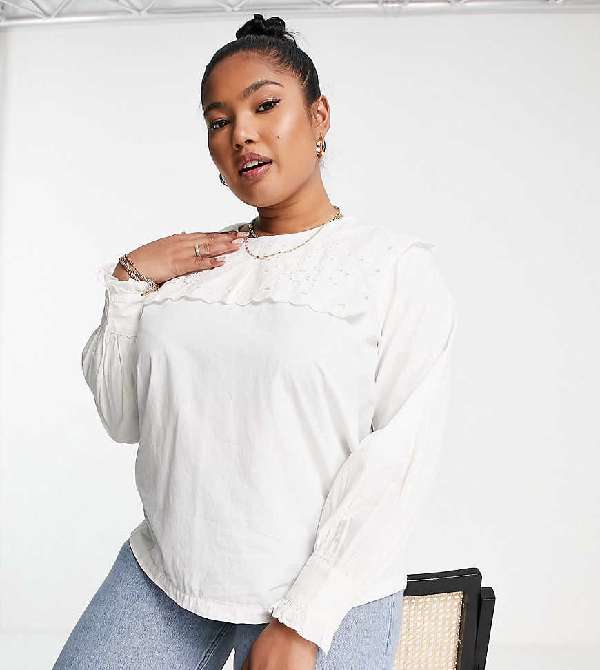 Only Cuve oversized broderie collar blouse in white