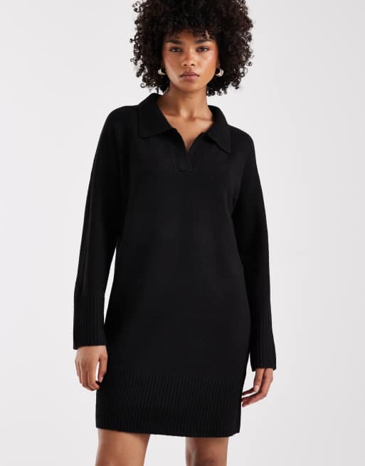ONLY – Czarna dzianinowa sukienka mini z kołnierzykiem polo, 4 z 4