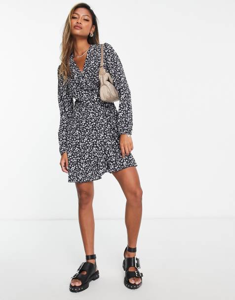 ONLY frill trim wrap mini dress in black floral 