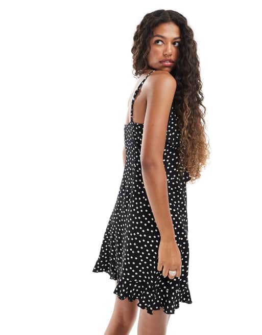 Only – Czarna sukienka mini w kropki z ozdobnymi falbankami, 4 z 4