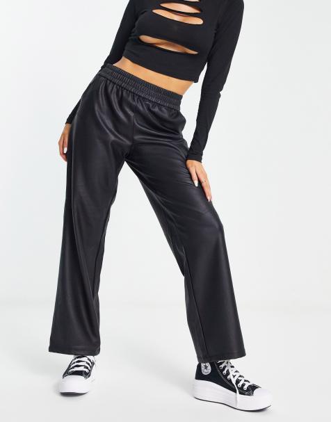 ONLY faux leather elasticated waist straight leg trousers in black 