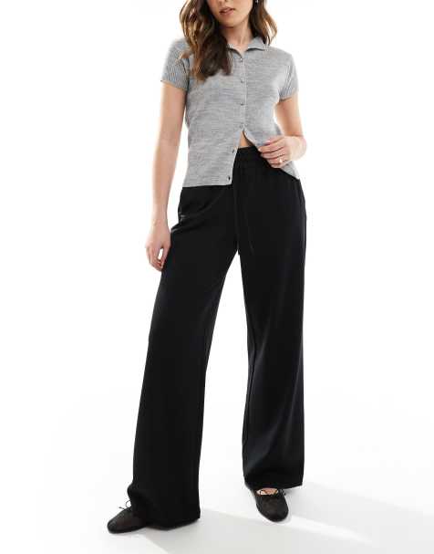 ONLY tie waist wide leg trousers in black