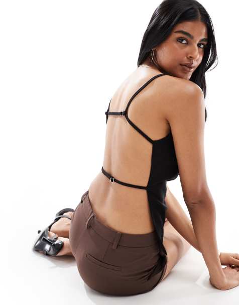 ONLY linen mix open back top in black