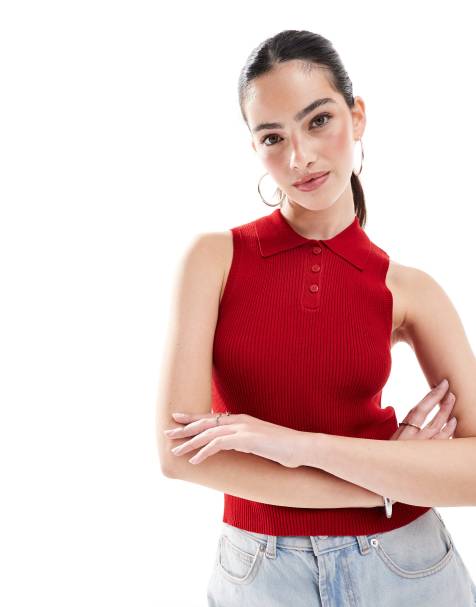 ONLY – Czerwony dzianinowy top bez rękawów z kołnierzykiem polo - view 1