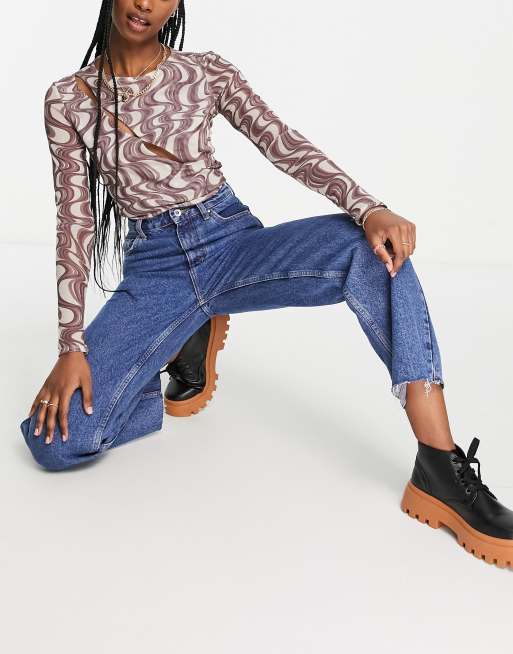 Only Dad wide straight leg jeans in mid wash blue, 3 of 4