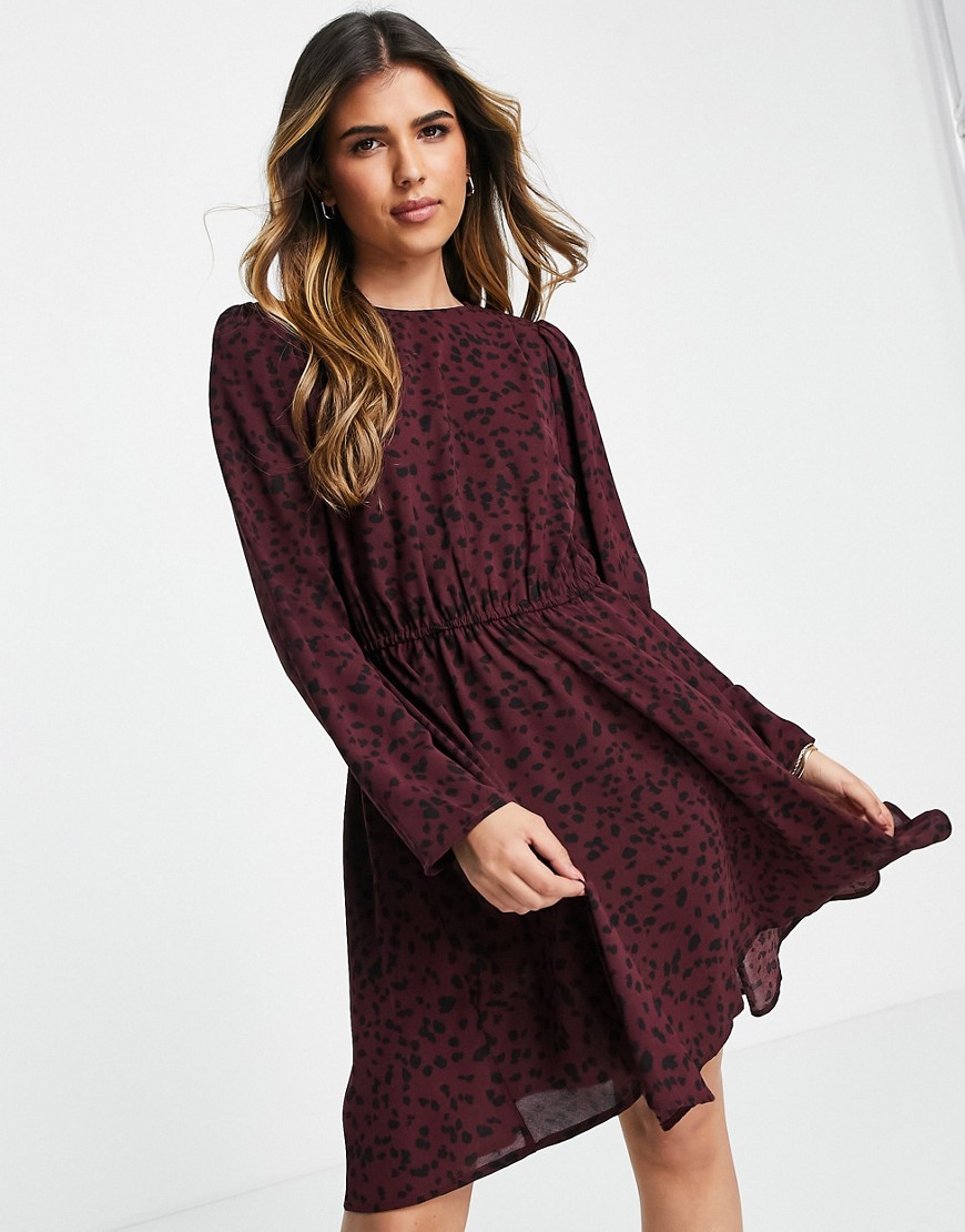 Only dallas dress with shoulder pads in burgundy print-Red
