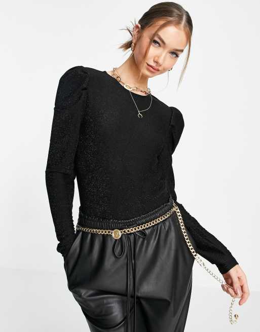 Only Darling long sleeve puff shoulder glitter top in black